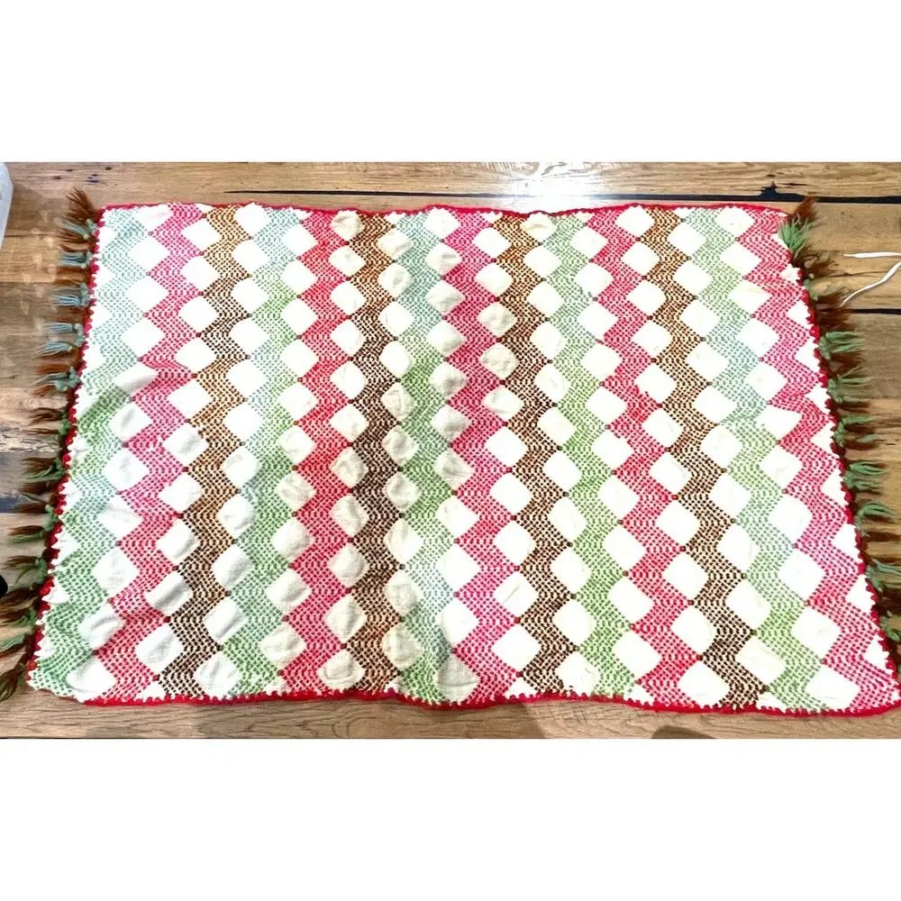 Vintage Handwoven Blanket Geometric Folk Art Pattern Fringed Border